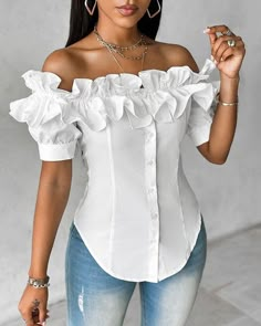 Stylish Business Outfits, Chique Outfit, Batwing Sleeve Top, Asymmetrical Hem Top, Cute Outfits With Jeans, Striped Wide Leg Pants, Hem Blouse, Off Shoulder Fashion, Fitted Blouses