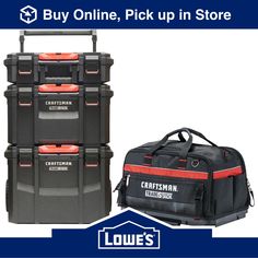 three black and red tool boxes with the words buy online, pick up in store