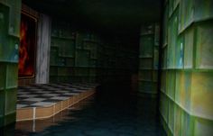 a room filled with lots of shelves next to a checkered floor