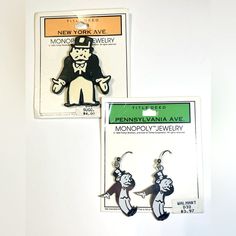 1992 Parker Bros. Monopoly Man Earrings And Pin. These Monopoly, Walmart Collaboration Pieces Are Rare And Hard To Find. The Earrings Are A Shiny Silver That Are Reflective, That’s Why They Look Darker In The Pictures. The Pin Is A Resin Type Of Material. In Perfect Condition, With Original Display Packages As Shown In Pictures. These Were Sold At Walmart In 1990s. Super Nostalgic, Perfect For A Christmas Gift! Please Look Closely At Pictures As They Are Part Of Items Description. Ankle Bracelets Boho, Monopoly Man, Man Earrings, Cocktail Earrings, White Opal Ring, Brown Leather Bracelet, Womens Rings Fashion, Energy Bracelets, Clover Necklace