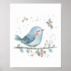 a watercolor painting of a blue bird sitting on a branch with leaves and flowers