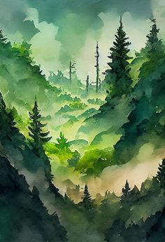 watercolor painting of trees and mountains in the foggy forest with green sky above