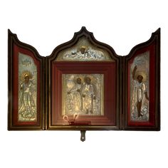 This is a Gothic style huge triptych shadow box/display of an Orthodox Church silver icons. The triptych is a large ogee shaped arc closed display made of heavy wood and glass. When you open the doors, it features some icons painted on wood and covered by an embossed and chased silver oklads with some gilt areas. They are framed by some red velvet. In the center, there are two icons who represent St.Paul and St.Peter; above them is the Almighty God. St.Paul is depicted with the sword in his righ Gothic Box Design, Silver Gothic Box Chain Jewelry, Silver Icons, Antiqoe Shadow Box, Gothic Music Box, Oval Picture Frames Gothic, San Paolo, Box Display, Almighty God