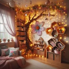 a bedroom decorated with fairy lights, bookshelves and a tree in the corner