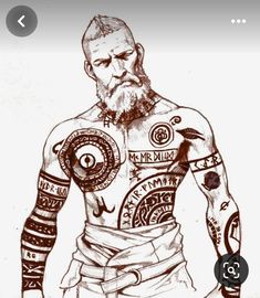 a drawing of a man with tattoos on his chest