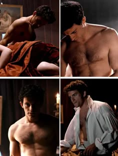 four different pictures of the same shirtless man