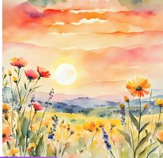 watercolor painting of flowers and mountains at sunset with the sun in the sky above