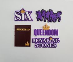 six stickers on the side of a refrigerator that say, queendom, royaling stones