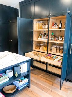 an open pantry with lots of food in it