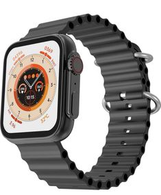 an apple watch with a black band and orange dial on the face, sitting in front of a white background