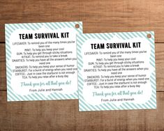 two teal survival kit cards on a wooden surface with the words team survival written below them