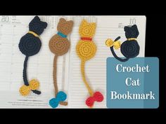 crochet cat bookmarks are shown in three different colors