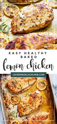 lemon chicken on a baking sheet with rosemary garnish and text overlay that reads easy healthy baked lemon chicken