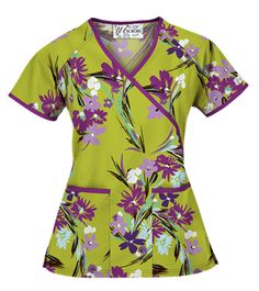 UA Island Bouquet Giddy Green Mock Wrap Scrub Top Style # WT668BQG  #uniformadvantage #uascrubs #adayinscrubs #scrubs #printscrubs #scrubtop Nursing Scrubs Outfits, Green Scrubs, Scrubs Nursing