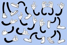 cartoon hands and fingers making the letter o in black and white on a blue background