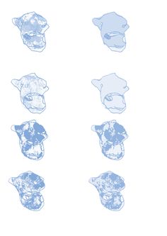 six polar bears are shown in different shades of blue on a white background, each with an animal's head