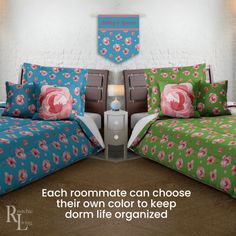 a bed room with two beds covered in colorful comforters and pillows on top of each other