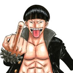 an image of a man with no shirt on pointing to the side and holding his finger up