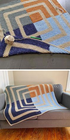 a couch with a blanket on top of it next to a rug that has been crocheted