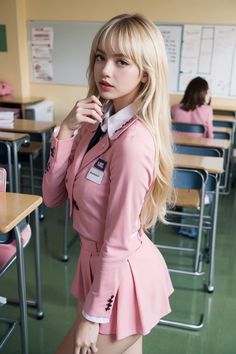 a young woman posing for the camera in a classroom