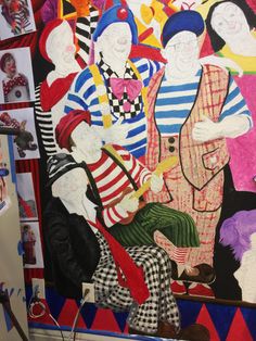 this is an image of a painting on the wall with clowns and clown hats