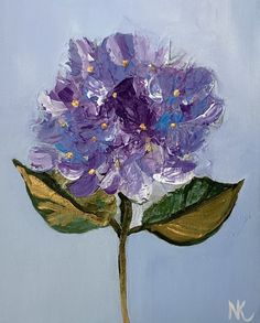 a painting of a purple flower with green leaves