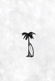 a black and white drawing of a palm tree with a surfboard in it's trunk