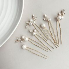 Pearl Hair Pins These bridal hair pins are available in Gold, Silver, and Rose Gold  Please note that all my creations are handmade and there will be slight variations from each piece. I do however try to do my best to keep the designs close to the original photographs. Feel free to message me if you have any questions or if you would like a custom order.  I can accommodate most rush orders so please check with me if you need something sooner. To visit more of my creations, just click the link: Wedding Low Buns, Pearl Headpiece Wedding, Pearl Hair Pin Wedding, Pearl Wedding Hair, Headpiece Wedding Hair, Bridal Hairpiece, Gold Hair Comb, Bridal Hair Headpiece, Wedding Hair Piece