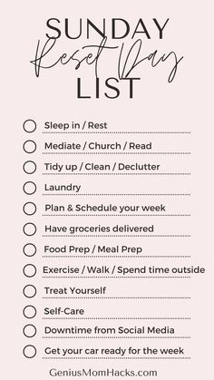 Have your week be smooth, stress-free and perfect with this Sunday Reset Checklist Day Off Checklist, Monday Reset Routine, Getting Ready For The Week, Monday Reset Checklist, Today To Do List, Fashion This Or That, Sunday Checklist, Saturday Reset Checklist, Weekend To Do List