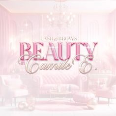 a pink room with chandeliers and couches in the background that says, beauty by danielle