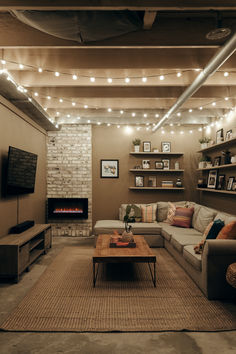 a living room filled with furniture and a flat screen tv mounted to the side of a wall