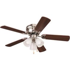 a ceiling fan with three lights and two wooden blades on the top of it's blades