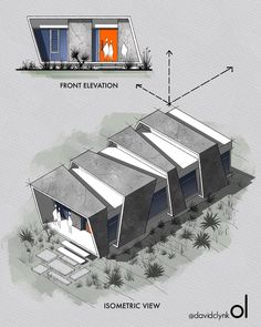 an architectural drawing shows the exterior and side view of a house