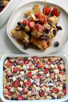 the dessert is ready to be eaten and served on the table with strawberries, blueberries, and other fruit toppings