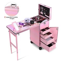 Portable Lockable Rolling Makeup Station Mobile nail desk built-in or portable Speakers(Bluetooth or USB), Mirror and Drawers, made of fire-retardant material and strong aluminum structure, keep all your cosmetics and salon equipped. safe and organized. Serve your customers. Features: Expandable floor-standing table with foldable design for use as a trolley case or manicure workstation Equipped with 360° swivel removable wheels that can be easily moved anywhere and changed easily Portable speake Beauty Box Gift, Makeup Basket, Barbie Party Decorations, Rolling Makeup Case, Nail Desk, Mobile Nails, Makeup Station, Makeup Train Case, Portable Speakers