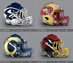 three helmets with different colors and designs on them