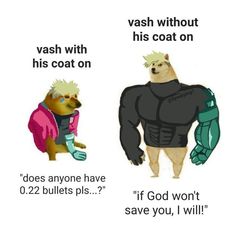 an image of two dogs in different outfits with words above them that say, wash without his coat on does anyone have 0 22 bulletplies plus? save you, i will