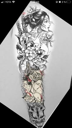 an artistic tattoo design on the side of a piece of paper with flowers and birds