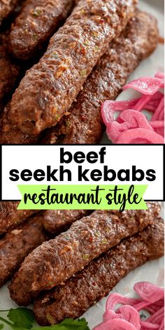 beef steak kebabs on a white plate with pink onions