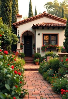 a white house with red flowers in the front yard and trees on either side of it