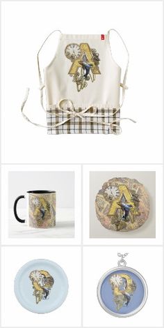 an apron, plate, mug and other items are displayed on the website for children's clothing