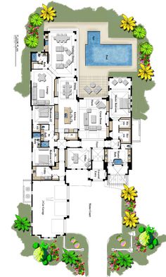 the floor plan for this house shows all the rooms and bathrooms, including an outdoor swimming pool