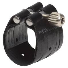 a black leather bracelet with metal clasps and two holes on each side, one is open