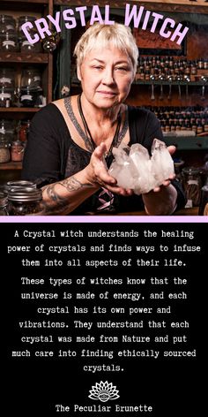 a woman holding a crystal ball in her hand with the words crystal witch on it