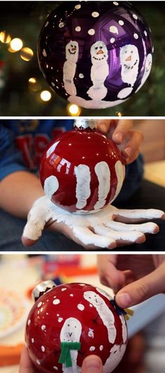 three different pictures of christmas ornaments with snowmen painted on them and hands holding one ornament