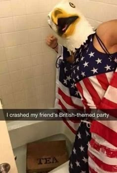 an eagle is standing in front of a bathtub with the caption, i crashed my friend's british - themed party