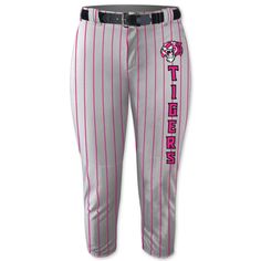 Custom Sublimated Pinstripe Fastpitch Pants available in any color combo. Women's & Girls sizes. Low Rise. 4-Way Stretch material. Price includes logos, player numbers & belt Softball Uniforms Ideas, Uniforms Ideas, Softball Uniforms, Softball Pants, Fastpitch Softball, Team Sports, Pants Design, Color Combo, Softball