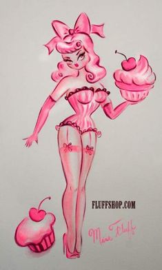 a drawing of a woman in pink holding a cupcake and an ice cream cone