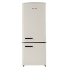 a white refrigerator freezer sitting on top of a white floor next to a wall