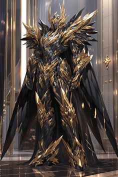 an elaborate gold and black costume stands in the middle of a room with large doors